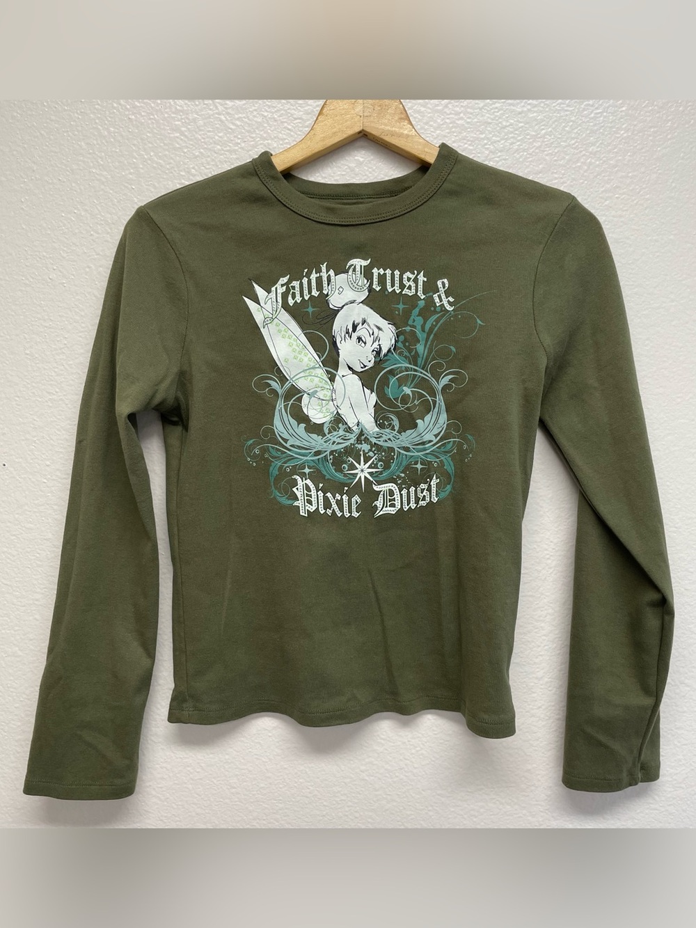 Disney Tinkerbelle Girl’s Large Green Long Sleeve Shirt 100% Cotton Rhinestones